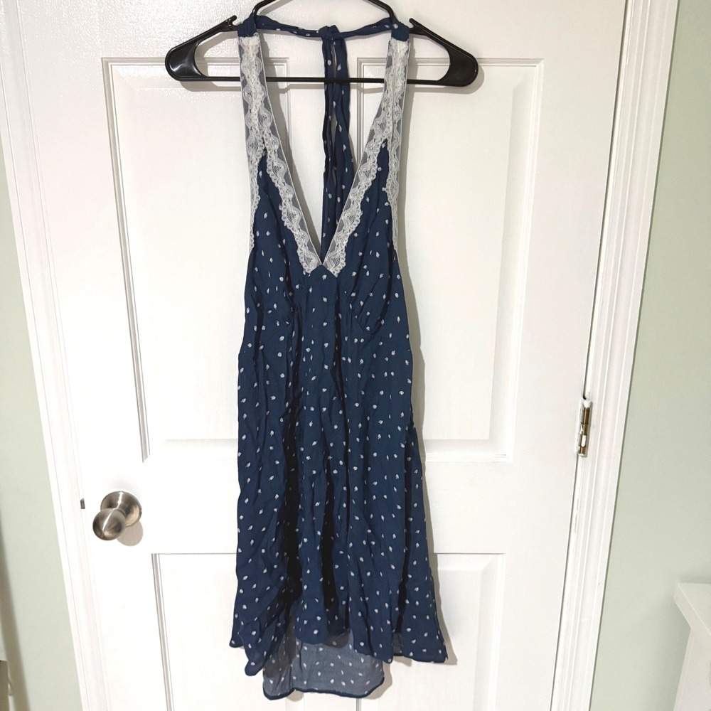 Fairy Wild Fable Navy Blue Strawberry Print Lace Trim Halter Mini Dress XL